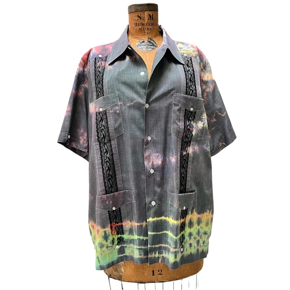 HABAND‎ Guayabera Tie Die Embroidered Smoking Cuban Shirt Eclectic Grandpa 90's